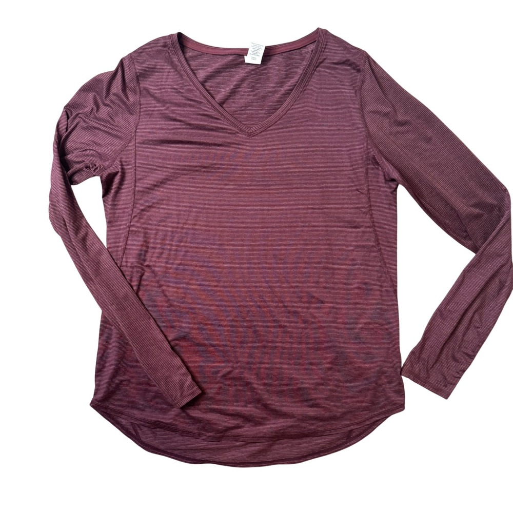 Xersion Activewear Top Maroon Striped V-Neck Long Sleeve Womens M Gym Workout